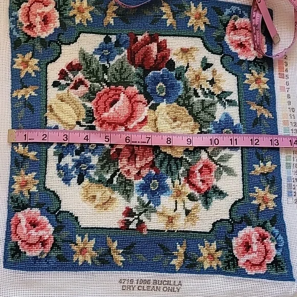Floral Needlepoint Tapestry with Blue Border - Picture 5 of 6